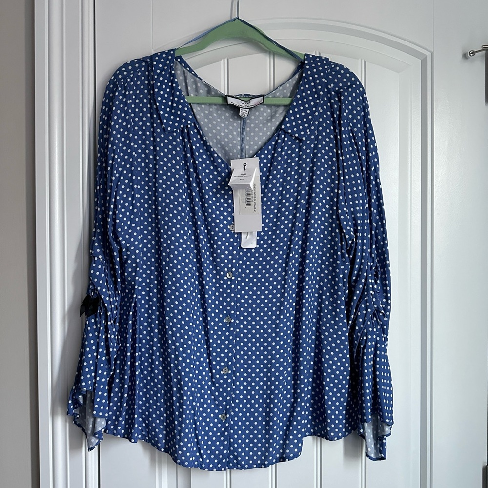 Hilary Radley for Katherine Barclay Blue Polka Dot Button Down Boutique Blouse